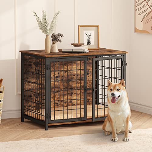 MAHANCRIS Dog Crate Furniture with Cushion, Wooden Dog Kennel with Double Doors, Heavy Duty Dog Cage for Small/Medium/Large Dogs, Indoor Dog House End Table, 31.5" L, Rustic Brown DCHR0701Z1