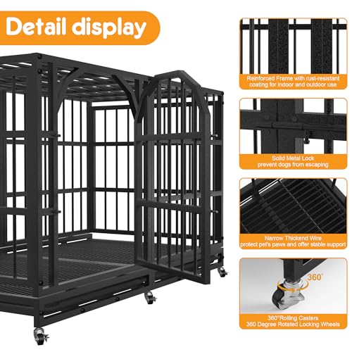 48 Inch Heavy Duty Dog Crate Indestructible Dog Kennel Large Indoor Escape Proof Big Cage for High Anxiety Large Dogs with Wheels, Locks and Removable Trays