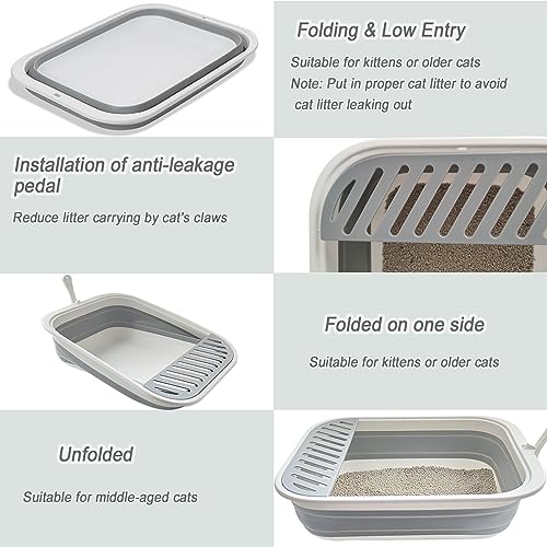 chuyouan Collapsible Kitten Litter Box, 17.7 x 13.4 x 5 inch Open Cat Potty Pan with Scoop Foldable Shallow Cat Toilet Anti-Splashing Low Entrance Travel Litter Box with Falling Sand Pedal Grey