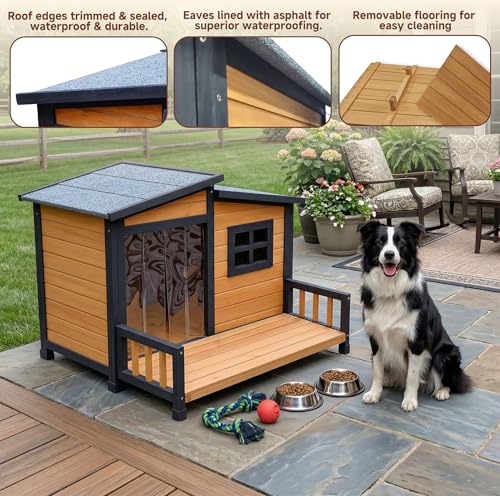 RUNSHED Insulated Outdoor Dog House for Small and Medium-Sized Dogs, Weatherproof Wooden Shelter with Elevated Floor & Ventilation, Easy Assembly (39.3” L x 37.5” W x 30” H)