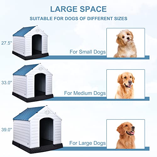 Elevon Plastic Dog House, Insulated Doghouse Puppy Shelter, Water Resistant Easy Assembly Sturdy Dog Kennel with Elevated Floor and Air Vents, Ventilate for Small to Large Sized Dogs (29-Inch, Blue)