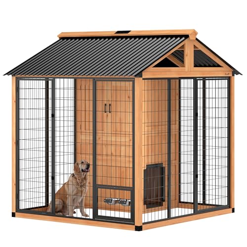 PawHut 7' x 6' Extra Large Outdoor Dog Kennel, Walk-in Wood Dog House with Internal Storage Cabinet, Pet Shelter with Waterproof Roof, Stainless Steel Bowls, Feeding Door for Large Breeds, Yellow