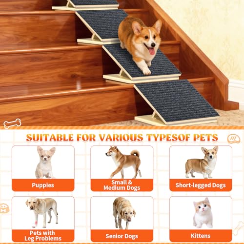 TNELTUEB 4 Pack Upgraded Dog Ramps for Stairs, Adjustable Stair ramp for Dogs,Portable Dog Stairs with Mat for Small Dogs and Cats, Non-Slip Pet Steps for Elderly or Injured Pets