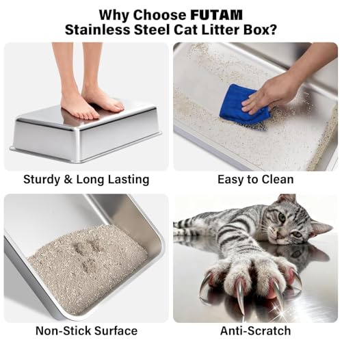 Stainless Steel Litter Box, Extra Large Litter Boxes for Big Cats, XL Metal Cat Litter Box with High Sides Lid, Anti-Urine Leakage, Never Absorbs Odors, Easy Cleaning, Non-Stick, Include Scoop and Mat