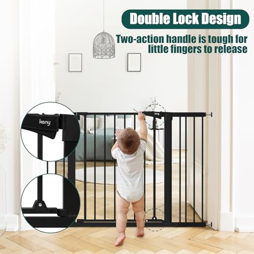 keny 29.7"-46" Baby Gate for Stairs, Auto Close Dog Gates for Doorways, Pressured Mounted No Drilling Pet Gate Extra Wide, One-Hand Opening Dual Lock Stair Gate, Indoor Kids Necessities, Black