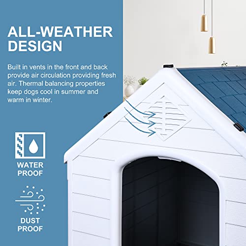Elevon Plastic Dog House, Insulated Doghouse Puppy Shelter, Water Resistant Easy Assembly Sturdy Dog Kennel with Elevated Floor and Air Vents, Ventilate for Small to Large Sized Dogs (29-Inch, Blue)