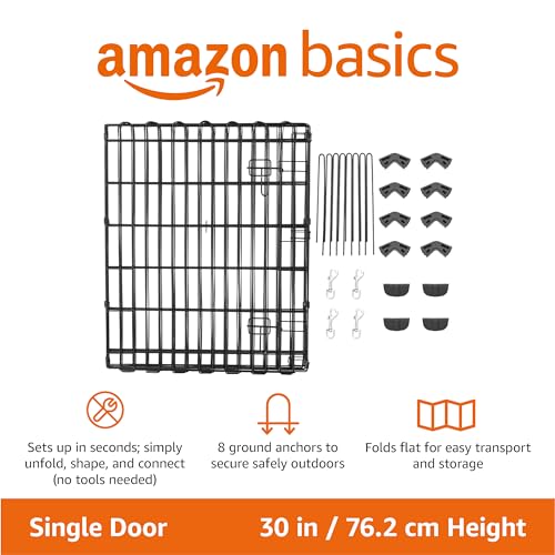 Amazon Basics Portable Foldable Octagonal Metal Exercise Dog Playpen, Indoor/Outdoor Pet Fence with Single Door, 8 Panels, Small, 30 Inches, Black