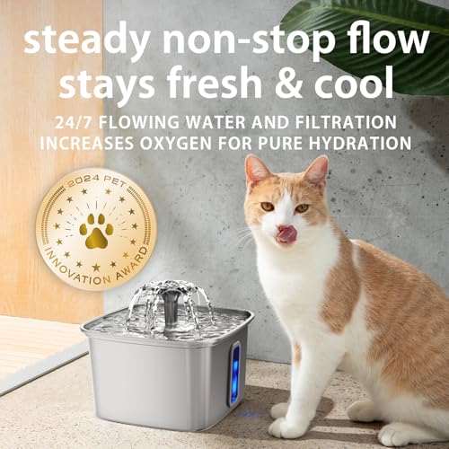 Veken Innovation Award Winner Stainless Steel Cat Water Fountain, 108oz/3.2L Automatic Pet Fountain Dog Water Dispenser with 3 Replacement Filters & Silicone Mat, Gifts for Cats, Dogs (Silver)