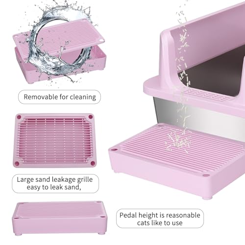RIZZARI Large Pink Stainless Steel Cat Litter Box - Open-Top with Non-Stick Coating, High Sides Splash-Proof, Easy Clean for Cats up to 20 lbs, Ideal for Living Rooms & Apartments