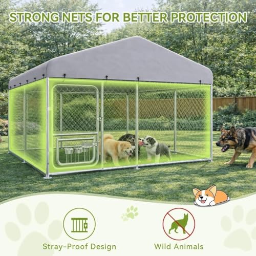COMHOMA 10×10FT Outdoor Dog Kennel with Adjustable Bowls Feeder Heavy Duty Extra-Large Dog Enclosure with Roof & Lock All Weather Resistant for Medium Large Dogs