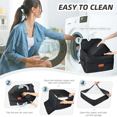 HEGGCOOE Small Dog Car Seat, Memory Foam Dog Booster Car Seats with Thick Cushion for Medium Dogs Under 35lbs, Detachable Washable Dog Bed for Car, Pet Carseat with Storage Pockets,2 Safety Belts