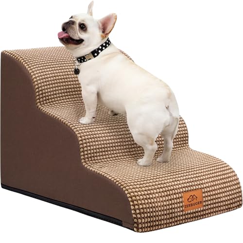 Zerbuger Dog Ramp and Stair for Bed 16" H-20 H,3-Step Cat Stair for Sofa and Chair,4-Step Dog Ramp for High Bed and Window,Durable Nonslip Fabric Cover for Indoor (Coffee-16 H, Pet Friendly, 3)