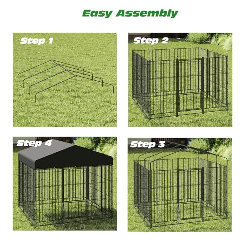 PANTAZO Large Dog Kennel Outdoor with Double Safety Locks 73''x72''x71'' Heavy Duty Welded Wire Steel Pet Pen Dog Enclosure with UV-Resistant Waterproof Roof