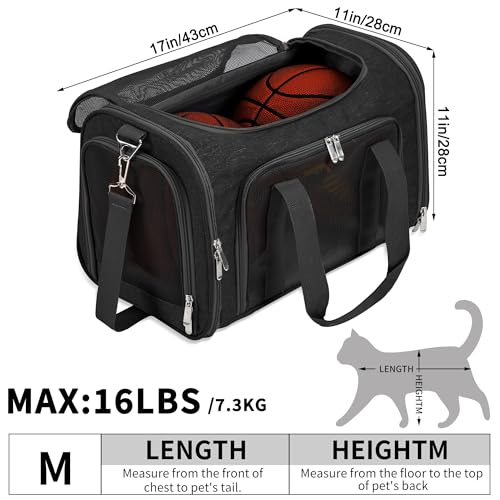 Soft-Sided Cat/Dog/Pet Carrier, Collapsible Pets Travel Carriers for Big Cats/Small Dogs with Shoulder Strap & Removable Mat, Mesh Puppy Carry Bag, Up to 16 Lbs, TSA Airline Approved(Black)