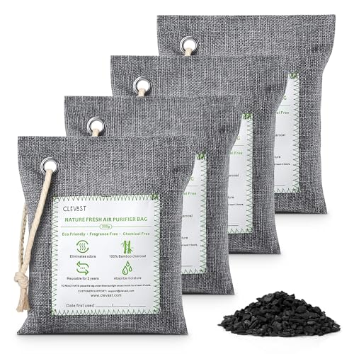 CLEVAST Bamboo Charcoal Air Purifying Bags - (Large, 4×200g), Removes Odors and Moisture, Nature Fresh Air Purifier Bags, Odor Eliminator for Home, Car, Pets, Bathroom, Basement