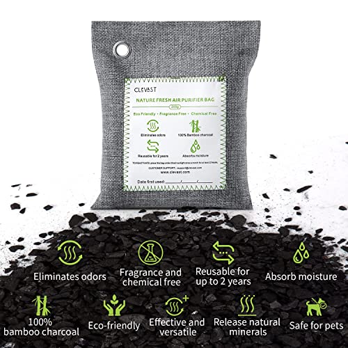 CLEVAST Bamboo Charcoal Air Purifying Bags - (Large, 4×200g), Removes Odors and Moisture, Nature Fresh Air Purifier Bags, Odor Eliminator for Home, Car, Pets, Bathroom, Basement