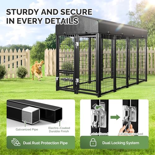 Sino Luban Outdoor Dog Kennel Outside Run with Doggy Door, Swivel Feeder&Roof - 8x4x6FT Large Dog Kennels Pens Outside for Large Dogs Breed- Heavy Duty Cage Yard (Can Connect to Your Dog House)