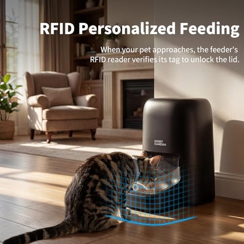 HoneyGuaridan RFID Automatic Cat Feeder with Collar Tag-Activated Personalized Meal, 4.6L 5G WiFi APP Control Cat Food Dispenser with Diet Tracking and Anti-theft for Multi Pet Home and Different Diet