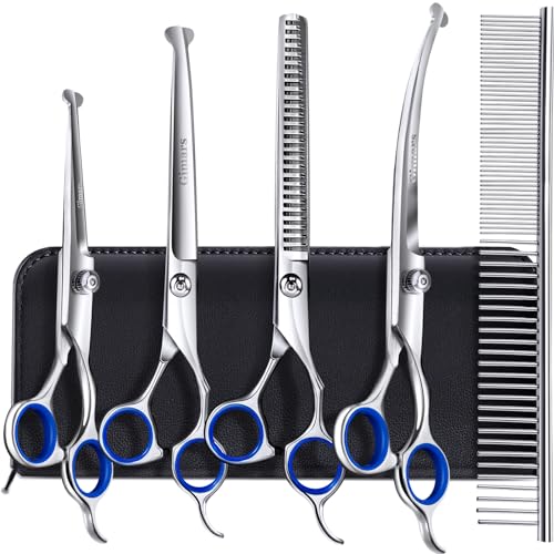 Gimars Titanium Coated Professional 6 in 1 4CR Stainless Steel Dog Grooming Scissors with Safety Round Tip, Heavy Duty Pet Grooming Scissor for Dogs, Cats and Other Animals