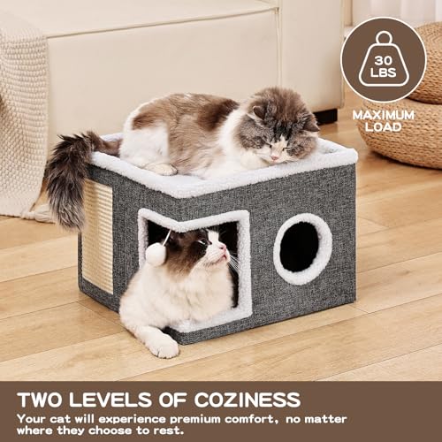 Crispedia Cat Beds for Indoor Cats, Large Cat Cave with Fluffy Ball and Scratch Pad, Foldable Cat Scratch House with Hideaway Condo for Kitten,16x16x13inch,Grey