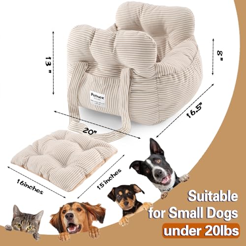 PETNEX Dog Car Seat for Small Dogs, Portable Puppy Car Seat of Easy Installation, Fashionable Pet Carrier Bag with Large Pockets, Machine Washable Dog Booster Seat (Striped Khaki)
