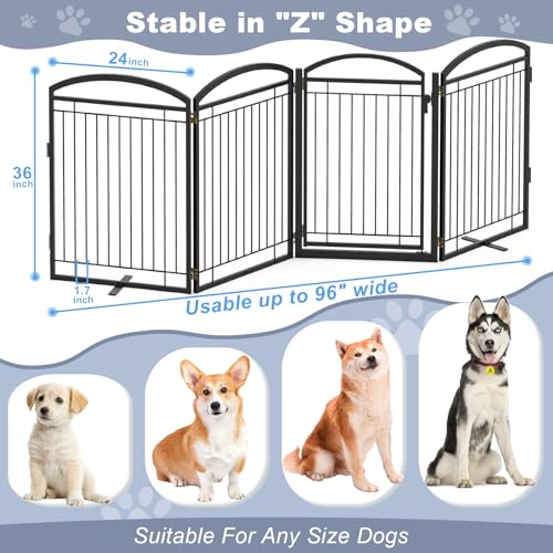 Full Metal Free Standing Dog Gate with Door for Outdoor Indoor,96'' Extra Wide 36'' Tall Dog Gates for Doorways,Large Openings,Decks,Porch,Freestanding Portable Pet Fence(4 Panels,Black)