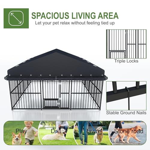 10x10x6 FT Outdoor Dog Kennel with Roof, Heavy Duty Outside Dog Cage for Large Dogs, Metal Pet Enclosure with Triple Safety Locks Dog Fence with Gate