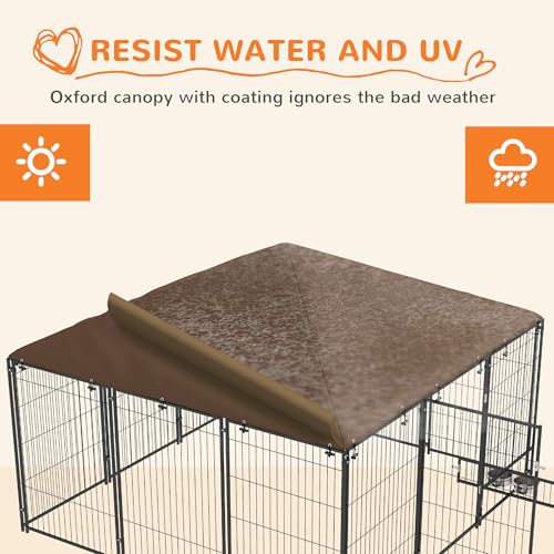PawHut Outside Dog Kennel, 7' x 7' x 5' Puppy Play Pen with Canopy, Garden Playpen Fence Crate Enclosure Cage Rotating Bowl, for Dogs, Chickens, Ducks, Black