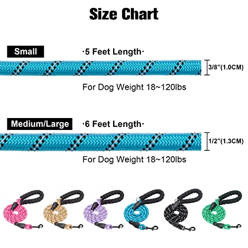 BEAUTYZOO Heavy Duty Rope Dog Leash 6 Pack, 6FT Nylon Pet Leash with Reflective Thread, Soft Padded Handle Thick Lead Leash for Large Medium Dogs Small Puppy,3/8inch X 5 FT (18~120 lbs)