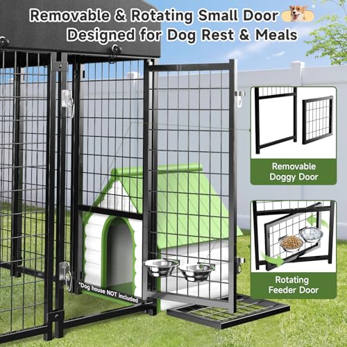 Guiferland Dog Kennel Outdoor, Large Outside Dog Kennel with Roof & Swivel Feeders/Removable Doggy Door Allow Connecting Your Dog House, Heavy Duty Dog Run Pen for Medium/Large Dogs (8'L x 4'W x 6'H)