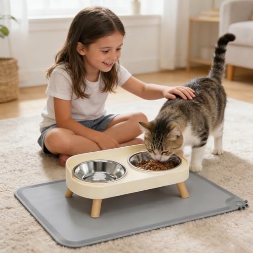 DIRZHX Elevated Cat Bowls with Food Mat, Splash Proof Anti Vomiting Raised Cat Food and Water Bowl Set, 2 Stainless Steel Dishes for Cats and Puppy, Pet Bowl for Indoor Cats White