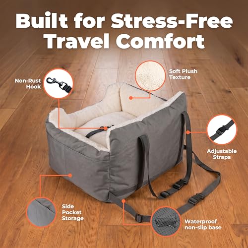Best Pet Supplies Elevated Dog Car Seat for Small Dogs, Booster Seat with Safety Tether & Storage, Washable Travel Pet Seat for Front or Back Seat, Up to 25 lbs - Gray - 21 x 20 x 14