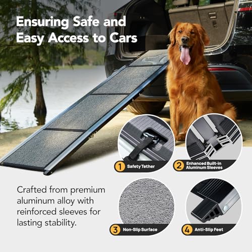 PetThem Dog Ramp for Car 71'' X-Long & 17.2" Wide Folding Dog Ramps for Large Dogs with Non-Slip Rug Surface Portable Dog Car Ramp for SUV Car & Truck, Outdoor Dog Ramp Up to 250 LBS