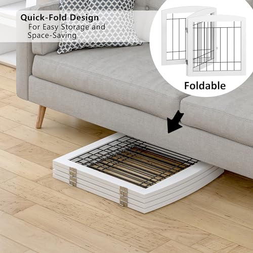 PAWLAND Free Standing Dog Gates for The House Stairs Doorways Indoor Foldable Wooden Small White Puppy Pet Gate Step Over Fence 60" W 24" H 3 Panels