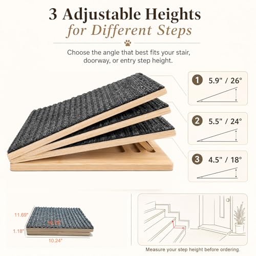 Weathrix 2 Pack Dog Ramp for Stairs - Solid Wood Adjustable & Foldable Pet Ramps, 3 Heights, Non-Slip Silicone Base & Traction Felt, 100lb Capacity, Indoor Stairs & Porch