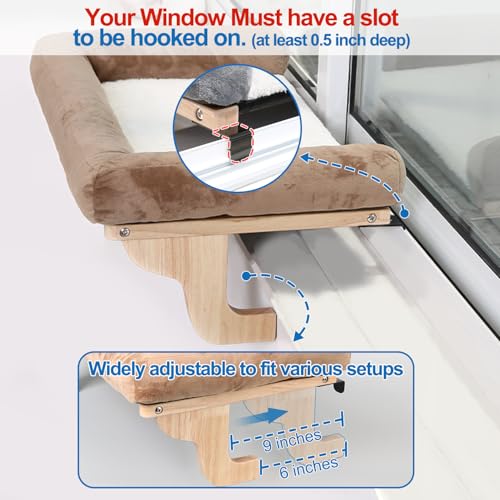 Zakkart Cat Perch for Window Sill with Bolster - Orthopedic Hammock Design with Premium Hardwood & Robust Metal Frame - Cat Window Seat for Large Cats - Natural Color Wood Gray Bed, 26.4''W