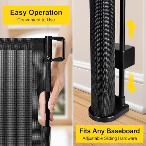 Reinforced 42” Extra Tall Retractable Baby Gates with Rods, Extends up to 60” Wide, Tall Retractable Dog Gate for Doorways Prevent Crawling Through Mesh Pet Gate Indoor Outdoor, Black