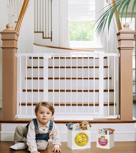 Cumbor 29.7-48" Baby Gate for Stairs, Mom's Choice Awards Winner-Dog Gates for Doorways, Auto Close Safety Pet Gate for Dogs Indoor, Easy Install Pressure Mounted Child Gate with Walk Thru Door, White