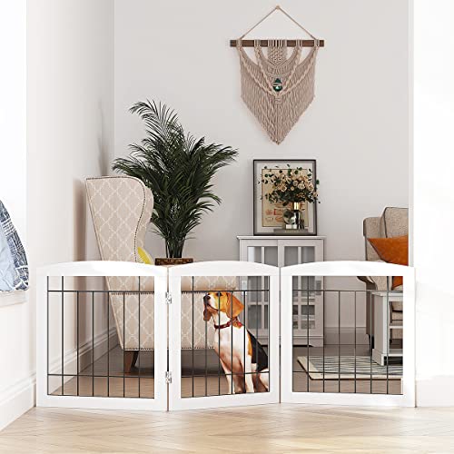 PAWLAND Free Standing Dog Gates for The House Stairs Doorways Indoor Foldable Wooden Small White Puppy Pet Gate Step Over Fence 60" W 24" H 3 Panels