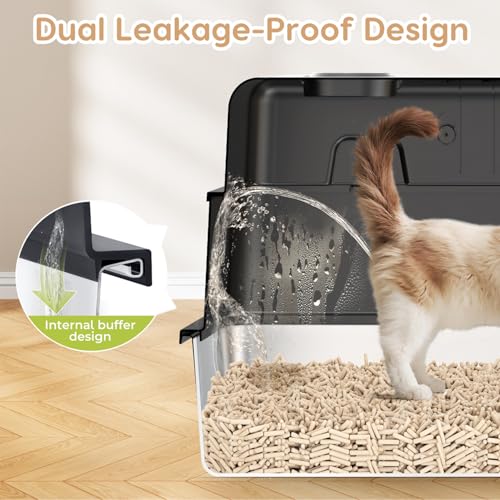 L8 Max-XXXL Stainless Steel Litter Box with Lid, 28" L x 20.5" W x 17.4" H Large Cat Litter Box for Big Cats, Cat Litter Deodorizer Included, High Sided Enclosure with Scoop & Mat, Anti-Leakage-Black