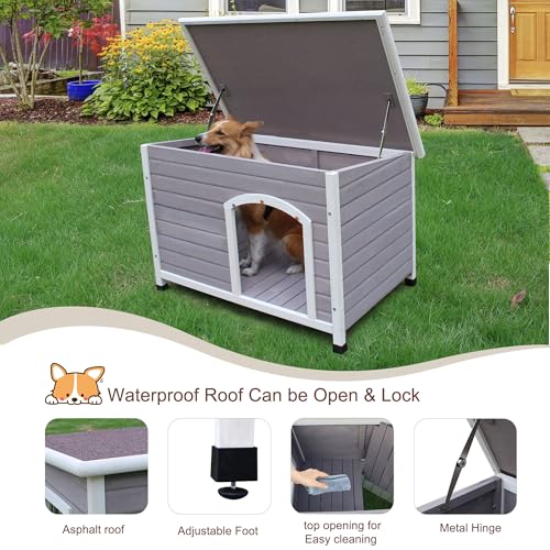 Rockever Waterproof Large Dog Houses Outdoor Indoor, 44" Wooden Elevated Outdoor Dog Houses with Window for Small to Large Sized Dogs, Easy Clean and Assemble