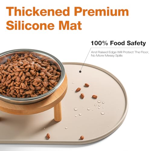 Elevated Cat Bowls with Food Mat,6.3 Inches Shallow Raised Bowls Whisker Friendly,2 Stainless Steel Cat Food and Water Dishes for Cats and Puppies,Dishwasher Safe