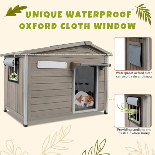 PetsCosset 40.2" L Large Dog House Outdoor & Indoor,Fir Wood Dog Kennel with Weatherproof Openable Asphalt Roof,Spacious Doghouse with Anti-Chewing Metal Edges for Small & Medium & Large Dogs,Grey