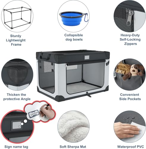 36 Inch Collapsible Travel Dog Crate for Large Dogs, Portable Dog Crate 3-Door Foldable Soft Kennel with Durable Mesh Windows, Warm Blanket and Foldable Bowl