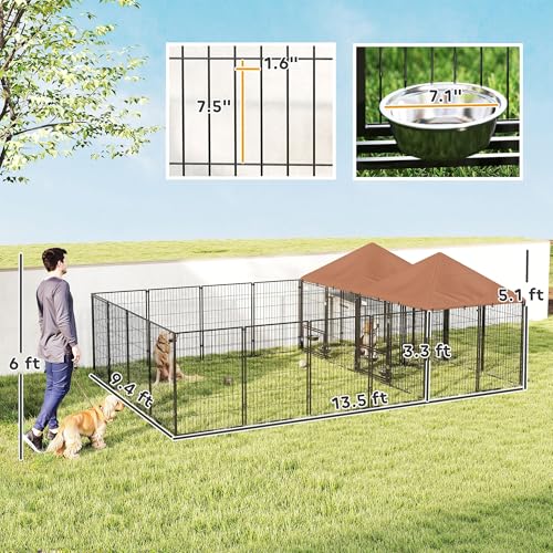 PawHut Dog Kennel Outside with 2 Rooms, Large Outdoor Dog Kennel Run for Large Breeds, Chickens, Ducks, with Rotating and Adjustable Height Bowls, Waterproof UV-Resistant Canopy, 13.5' x 9.5' x 5'