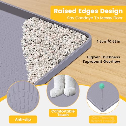 Silicone Cat Litter Mat with Toy, 38x25 Inch Large - Waterproof, Easy Clean Trapping Mat for Kitty Litter Box, Non-Slip Litter Box mat for Hardwood Floors & Carpet Protection (Grey)