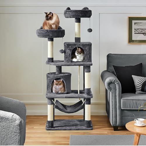 Yaheetech 62.5inches Cat Tree Cat Tower Cat Condo with Platform & Hammock, Scratching Posts for Kittens Pet Play House with Plush Perch for Indoor Activity Relaxing, Dark Gray