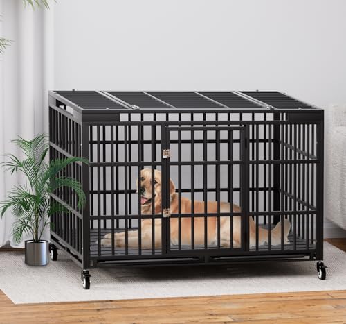 HMHTCT 54 Inch Heavy Duty Dog Crate with Wheels,Indestructible Escape-Proof Dog Kennel with Locking Latch and Double Door,Extra Large XL XXL Crate Indoor for Large and Medium Dog with Removable Tray