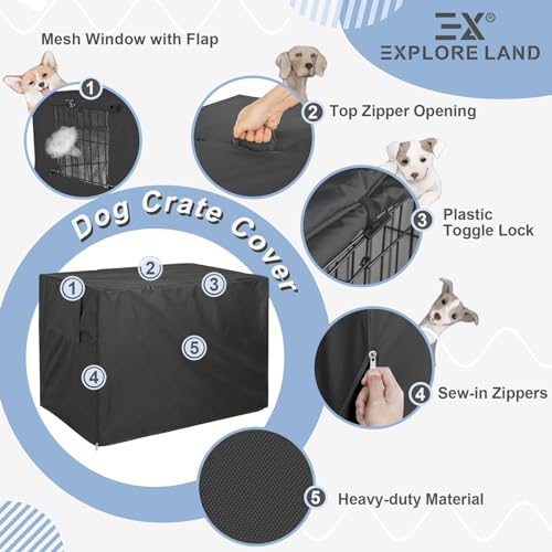 Explore Land Dog Crate Cover Heavy Duty Polyester Pet Kennel Sunshade Universal Fit for 42 inches Wire Cage (Black)