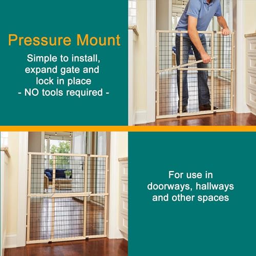 MYPET Wire Mesh Dog Gate: 29.5"-40" Wide, Pressure Mounted with No Tools; Expandable, Durable Pet Gates for Doors and Hallways, 37" Tall, Made with Sustainable Hardwood